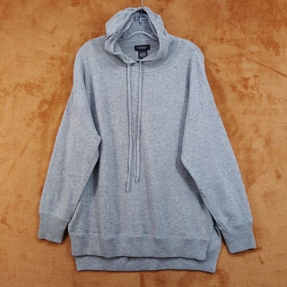 LORD & TAYLOR Sweater Womens XL Grey Pullover Hooded Side Slits 100% Cashmere